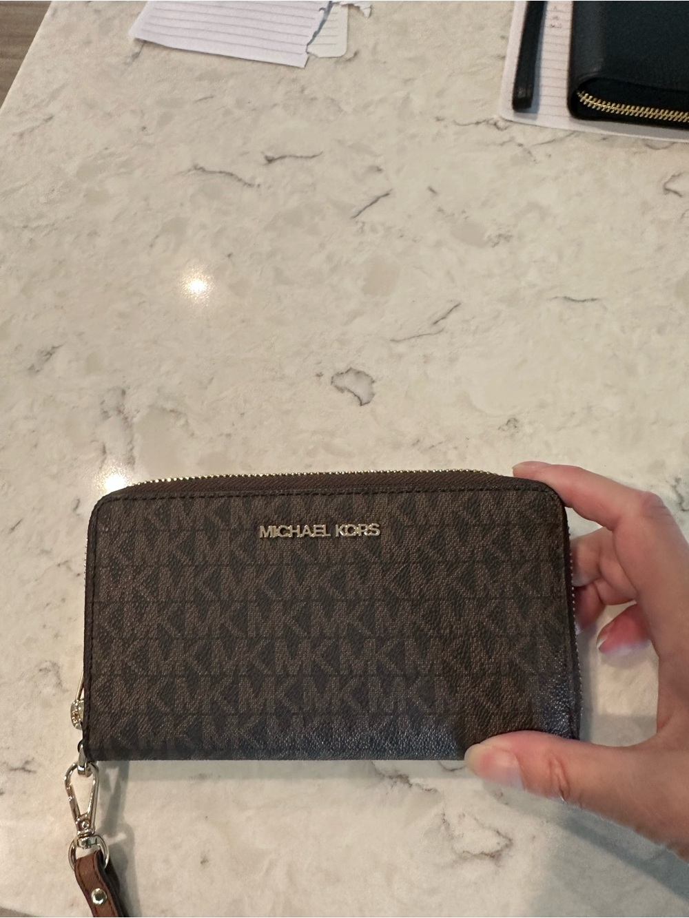 Michael Kors Brown Logo Zip Phone Wallet with Gold Hardware